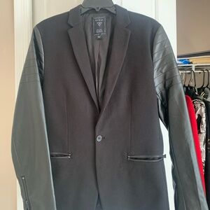 Guess Men's Black Blazer with Faux Leather Sleeves